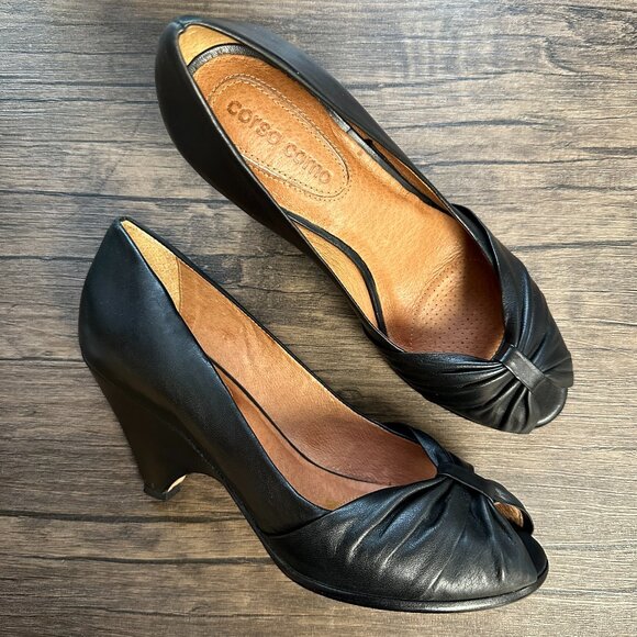 **CORSO COMO* Black x Tan Peep Toe Wedges Size 7.5 - Picture 1 of 7